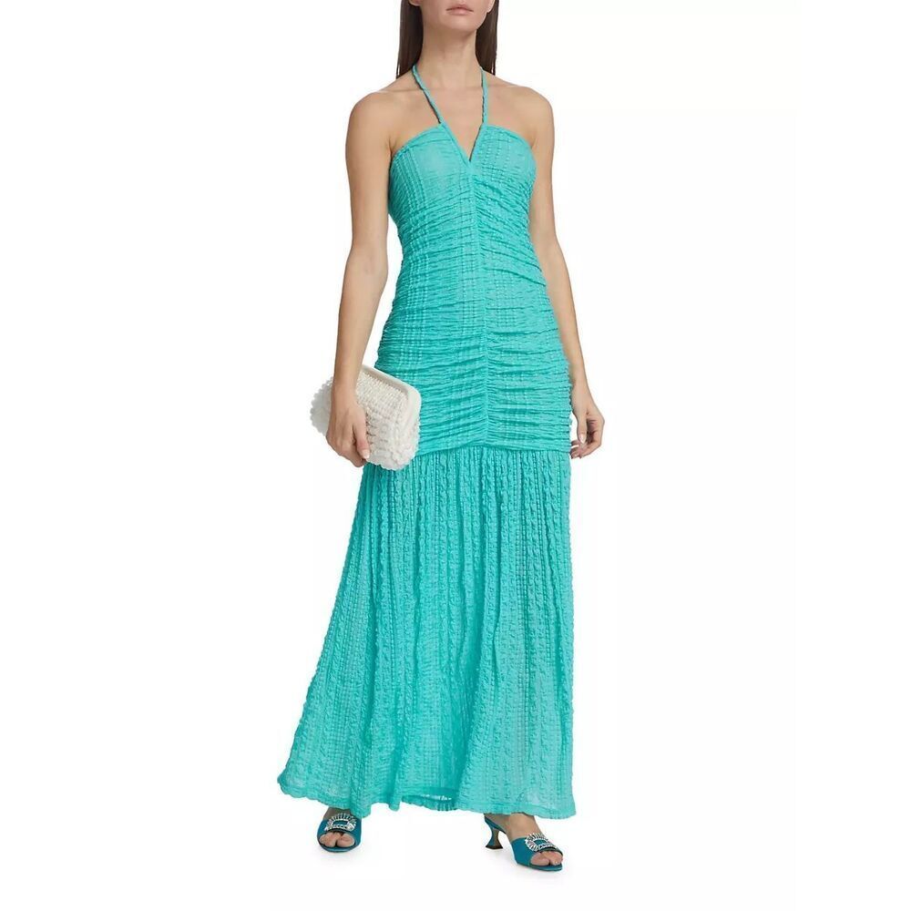 Ganni Ruched Stretch Lace Halter Maxi Dress